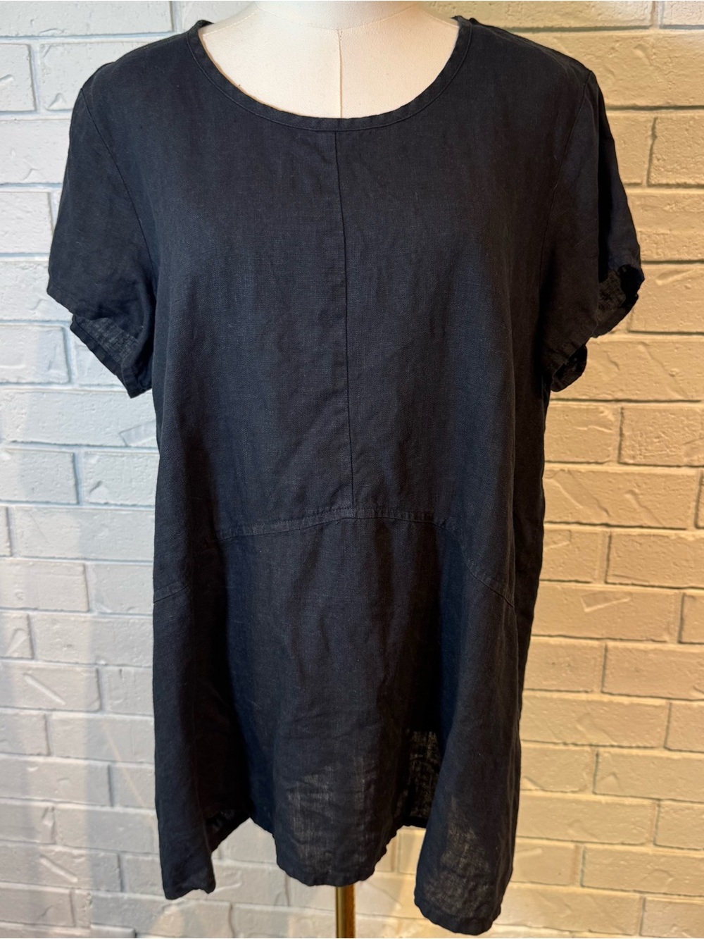 Flax 100% Linen Black Short Sleeve Tunic Shirt Womens M